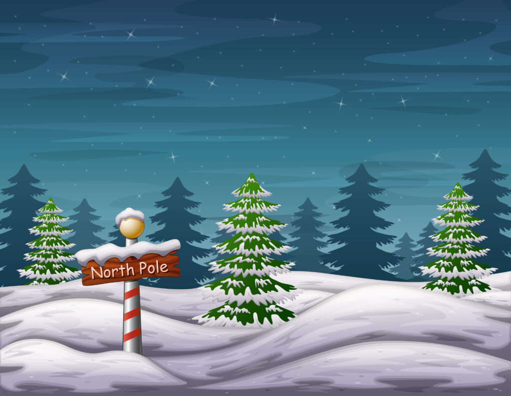 A north pole sign in the woods wonderland winter holiday